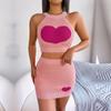 Women Spring Summer Halter Neck Sleeveless Heart Knitted Warp Hip Skirt Suits