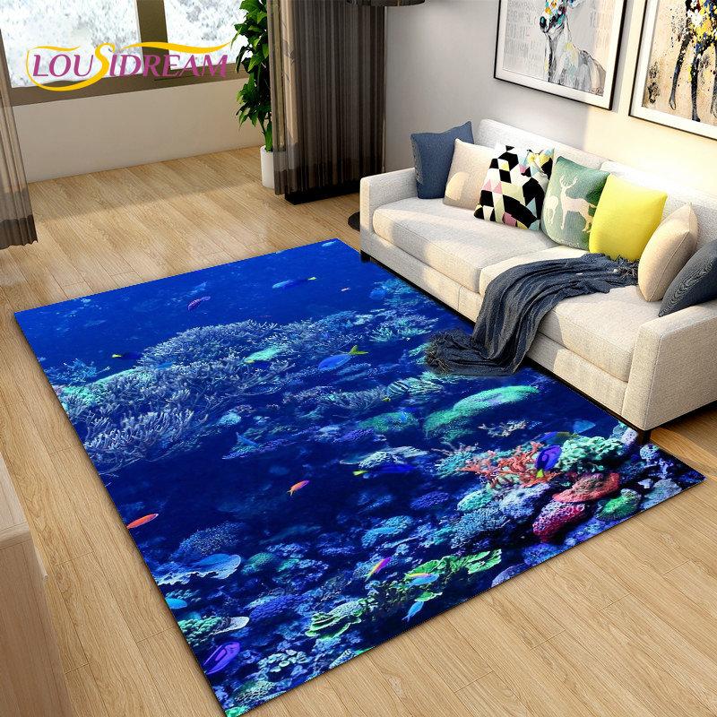 3D Underwater World Sea Turtle Dolphin Area Rug Large,Carpet Rug for Living Room Bedroom Sofa Doormat Kitchen,Non-slip Floor Mat
