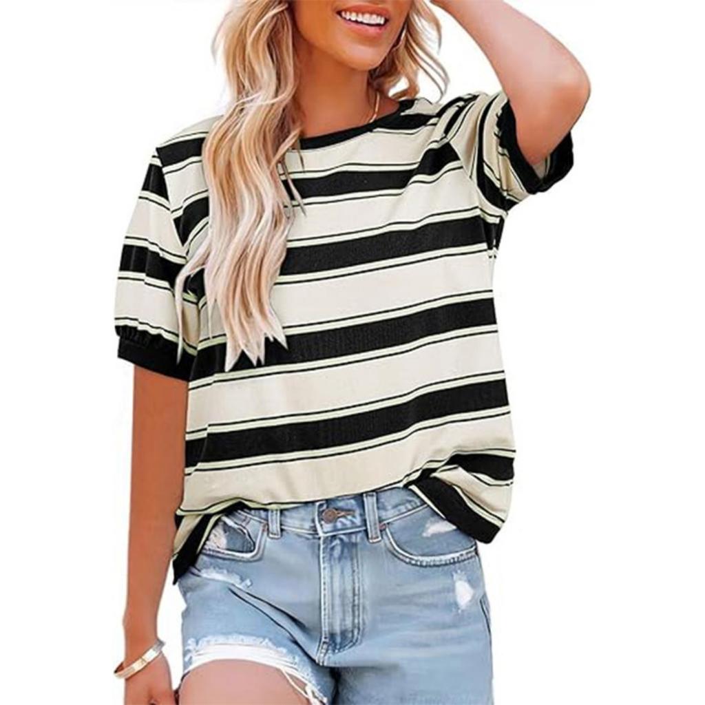 New Striped Casual Loose Crew Neck T-Shirt for Women, Trendy European American Style Women's Top
