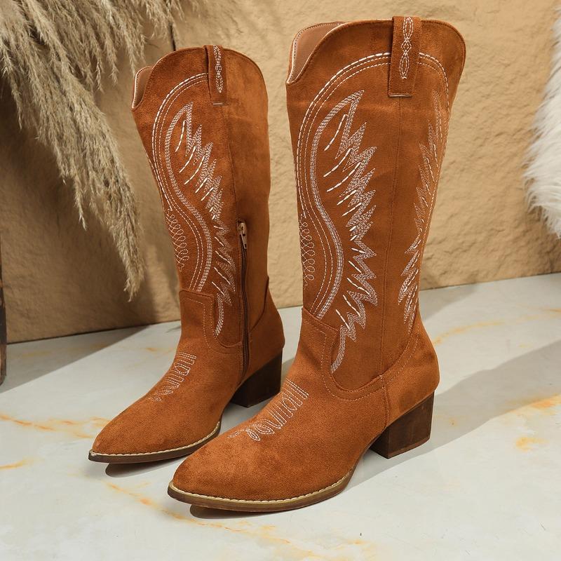 Knight boots women s autumn new pointed middle heel high tube embroidered retro matte fleece western cowboy boots 36 коричневый