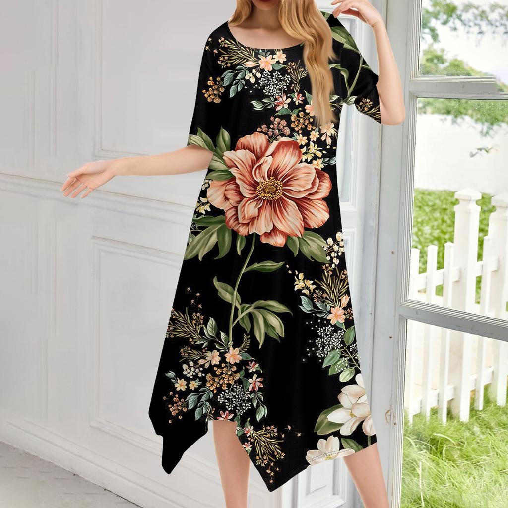 Damen Casual Mode Rundhals Kurzarm Druck Unregelmäßiger Saum Midi-Kleid