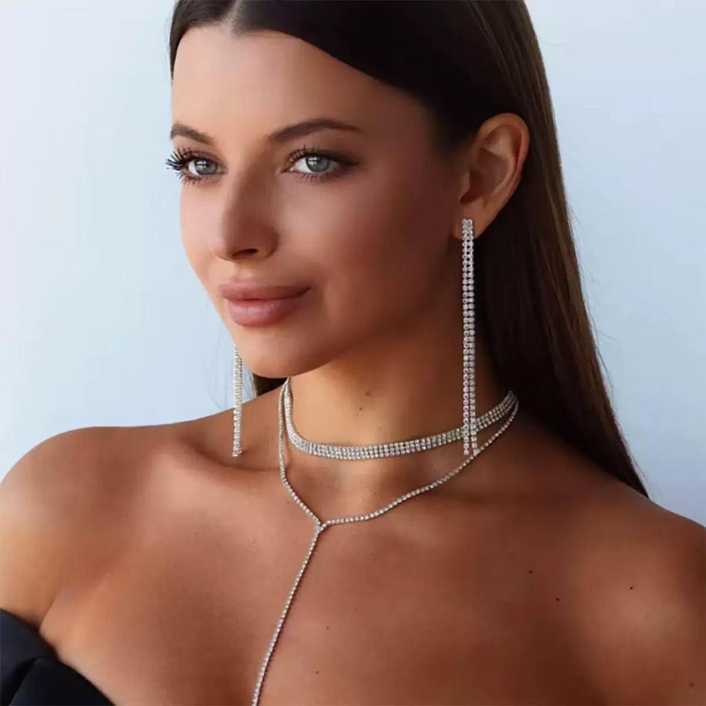 Elegant Cross-continental Bridal Rhinestone Necklace & Earring Set