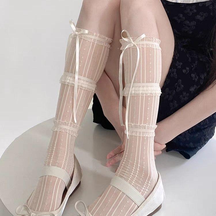 Sommer Kniestrümpfe für Mädchen | Weiße Spitze Rüschen Tüll Dünne Schleife Wadenstrümpfe