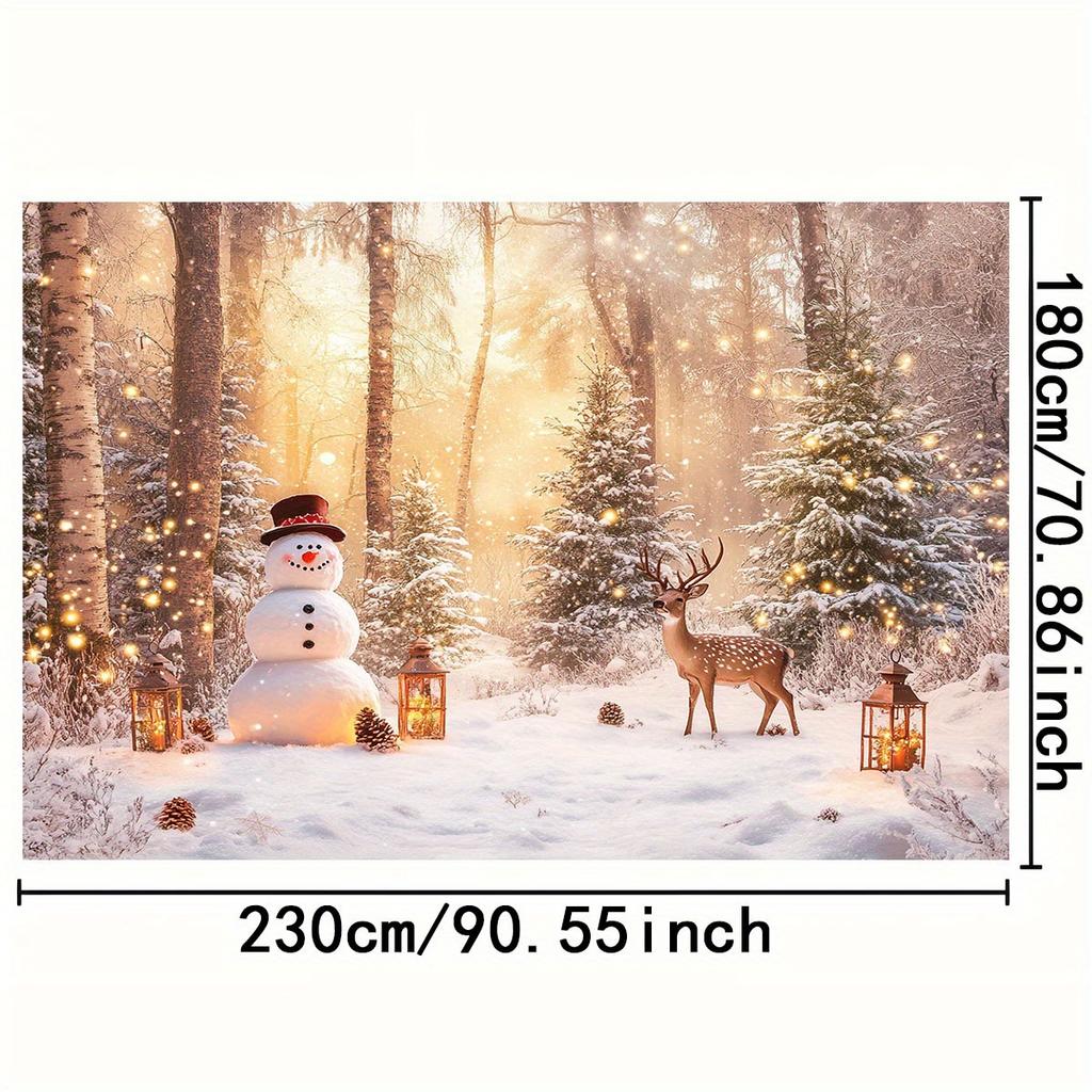 1 PC 2D Background Cloth "Christmas Wonderland Forest Curtain: Snowman  Reindeer Accompany  Lanterns Shine In Winter