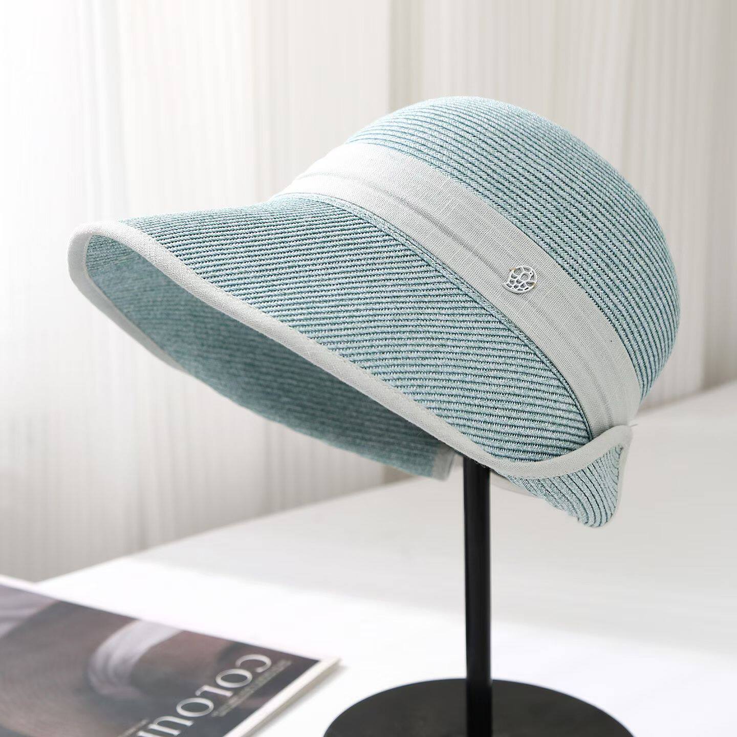 Straw hat lady summer bucket hat seaside vacation big eaves sunscreen hat straw foldable sun hat M（55-58cm） светло-синий