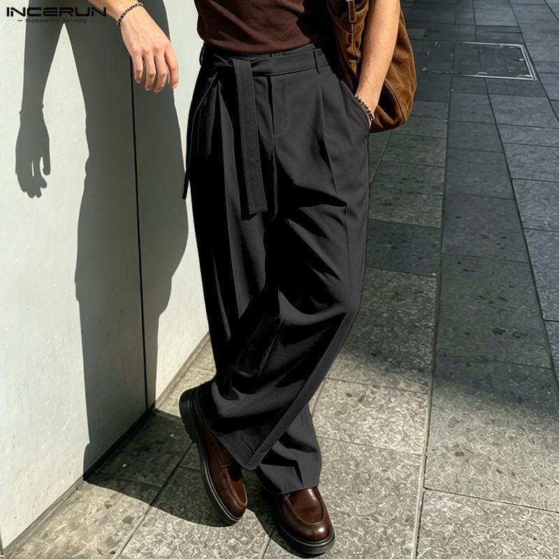 INCERUN Men's Zip-up Waist Casual Pleated Trousers Loose Wide Leg Pants with Belt Slacks
