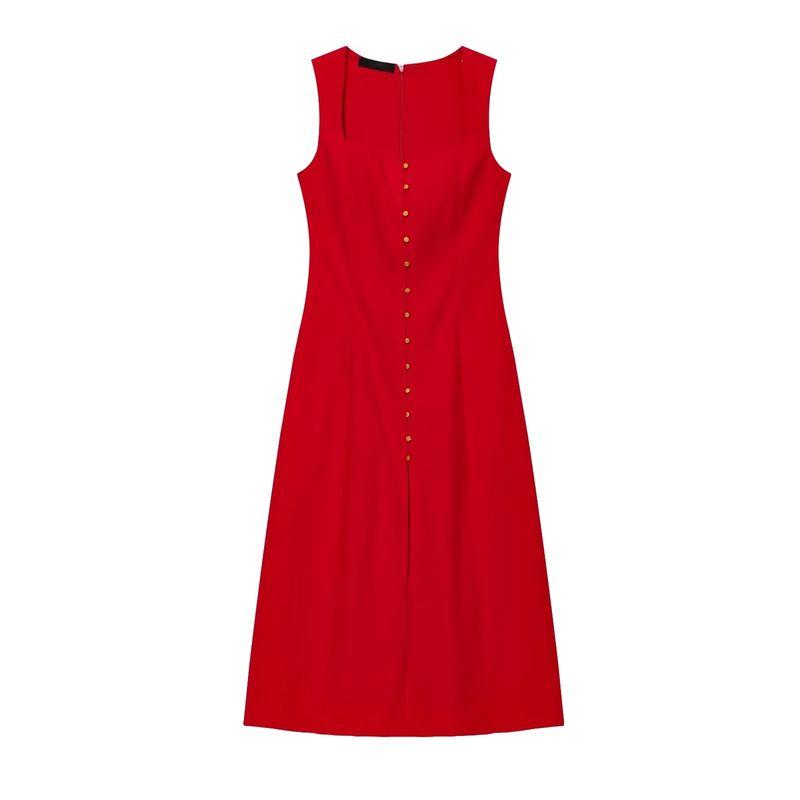 Summer Women Clothes Holiday Style Decorated Row Button Square Collar Linen Blend Midi Dress 6962030 6962029