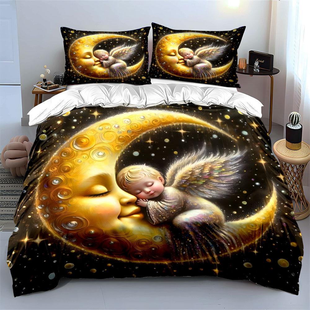 Angel Embracing Golden Crescent Printed Duvet Cover Set1 Duvet Cover+2 Pillowcasemulti Size Bedroom Bedding Decor Luxury Gifts