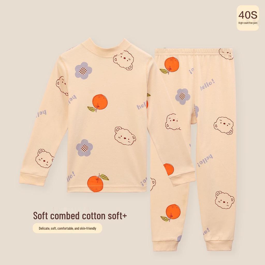 Children's Antibacterial Cotton Pajama Set: Crew Neck Top & Pants for Autumn/Winter, A-Class Warm Homewear for Girls.