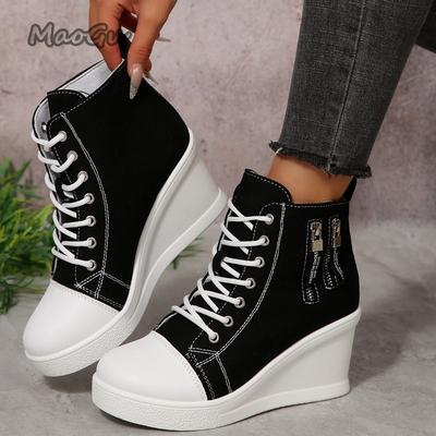 Fashion Canvas Shoes for Women Height Increase Season's Thick Soled Casual Ankle Boots Versatile Women Heeled Sneakers Ladies Shoes