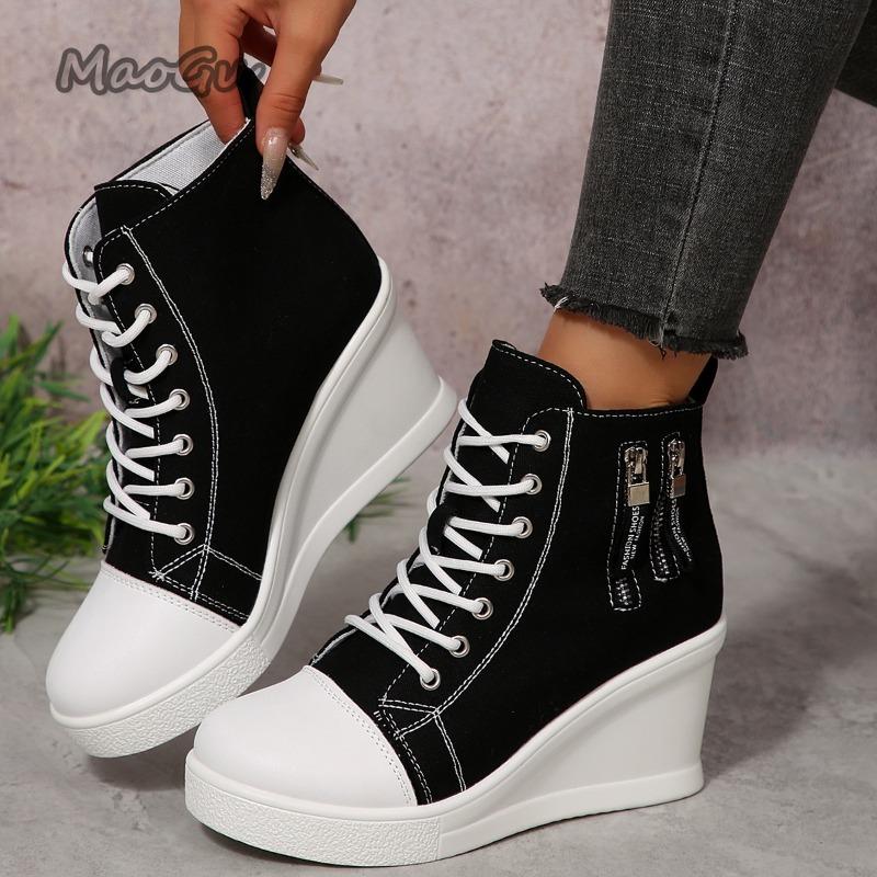 2025 Canvas Shoes for Women Height Increase Season's Thick Soled Casual Ankle Boots Versatile Women Heeled Sneakers Ladies Shoes