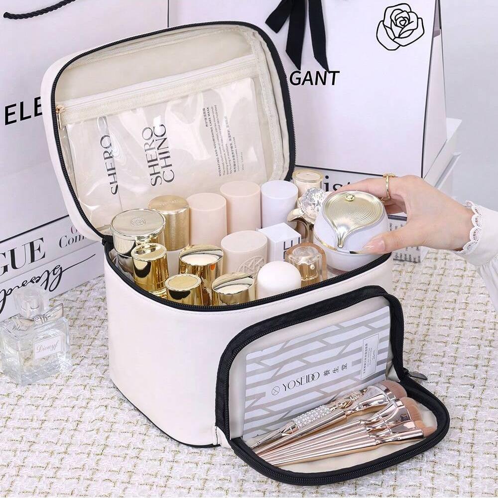 Large capacity cosmetics bag made of PU material handbag storage bag with zipper and bowknot decoration for wash bag