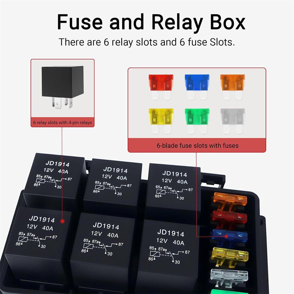 6 Way 12V Waterproof Fuse &  Relay Box W/ Pre-Wires Universal for Cars, Trucks, Boat