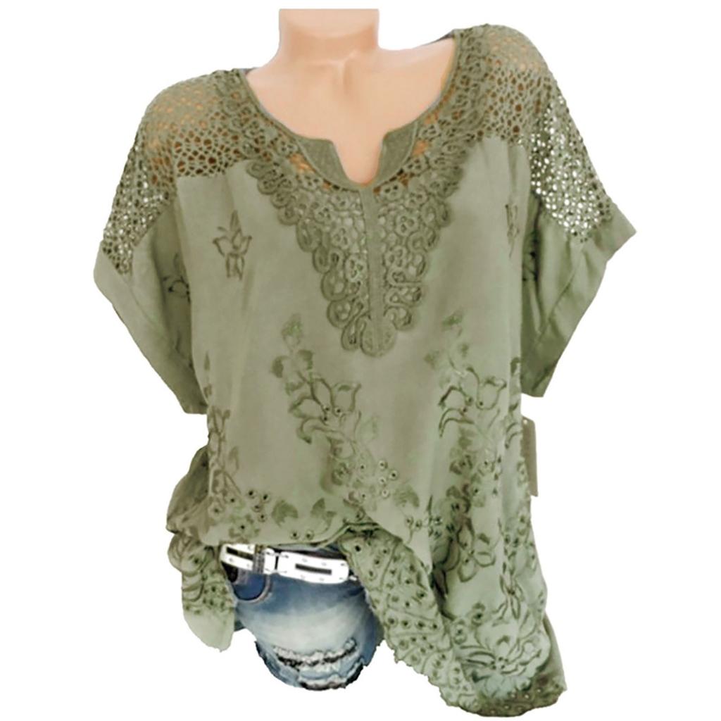 Ladies Loose Casual Lace V-Neck Embroidered Short-Sleeved  Shirt Top