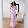 LYRIA Women Elegant Layered Ruffles Patchwork Long Dress Chic V Neck Puff Full Sleeves Split Maxi Dresses Fashion Lady Party Robes