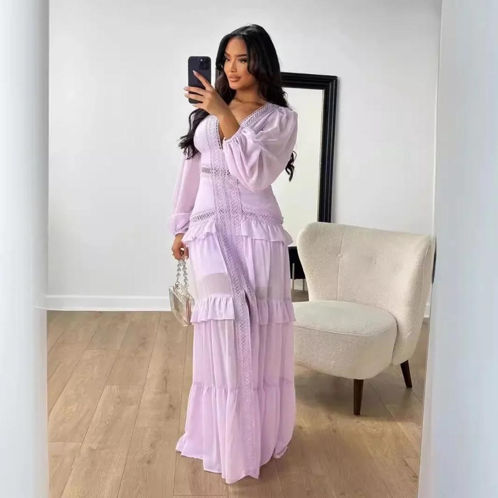 LYRIA Women Elegant Layered Ruffles Patchwork Long Dress Chic V Neck Puff Full Sleeves Split Maxi Dresses Fashion Lady Party Robes