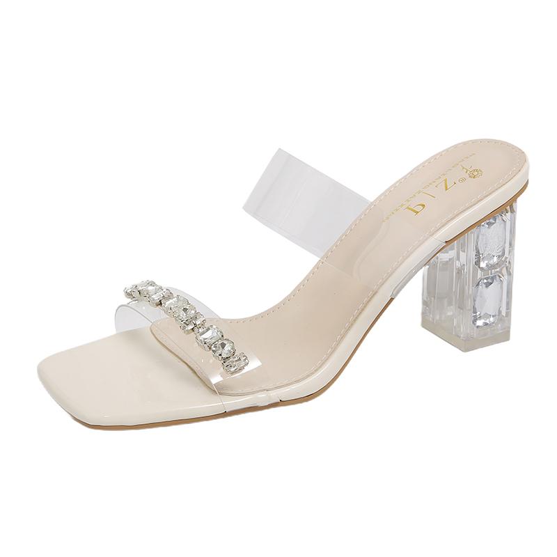 Cool Slippers for Women New Thick Heels Rhinestone Fairy Style Paired with A Skirt Crystal Transparent Middle Heel Slippers