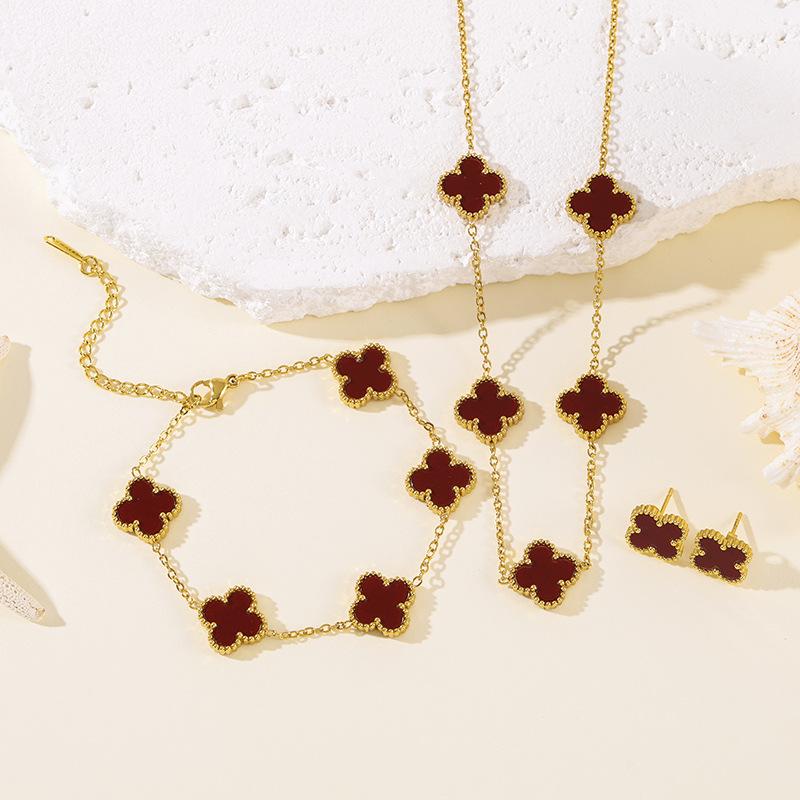 Set da 3 pezzi in acciaio al titanio, resistente allo sbiadimento, a doppia faccia, con quadrifoglio, moda donna, elegante, lusso leggero, collana per clavicola e braccialetto