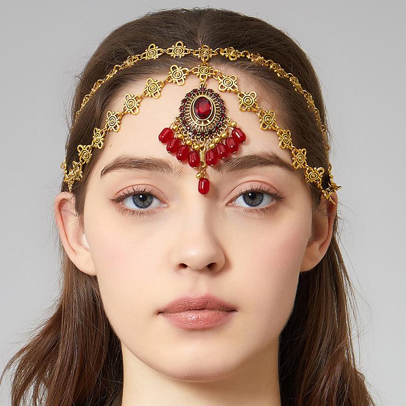 

Vintage Bohemian Hair Chain with Water Drop Pendant , Exotic Middle Eastern Style Headpiece for Women красный