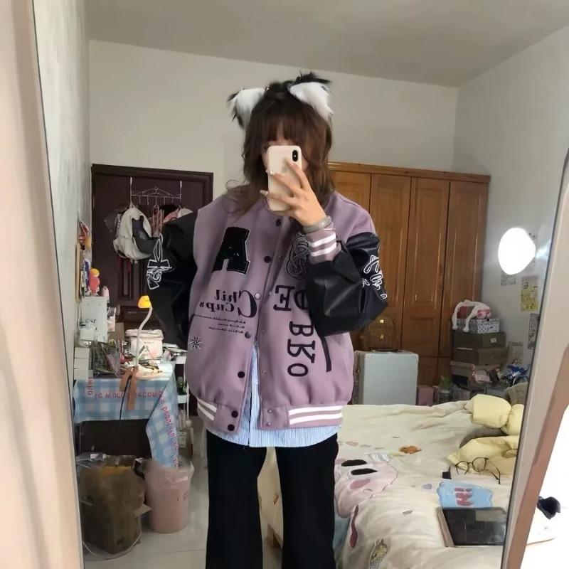 Unisex American Purple Letter Embroidery Color Block Baseball Jacket - Loose Fit, Spring 2025 High Street Trend.