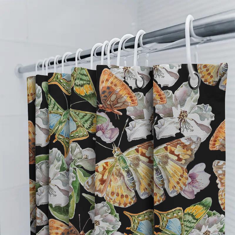 Bathroom Shower Curtain Waterproof Decorative Butterfly Floral Print For Home Decoration Size180X240Cm (Black)