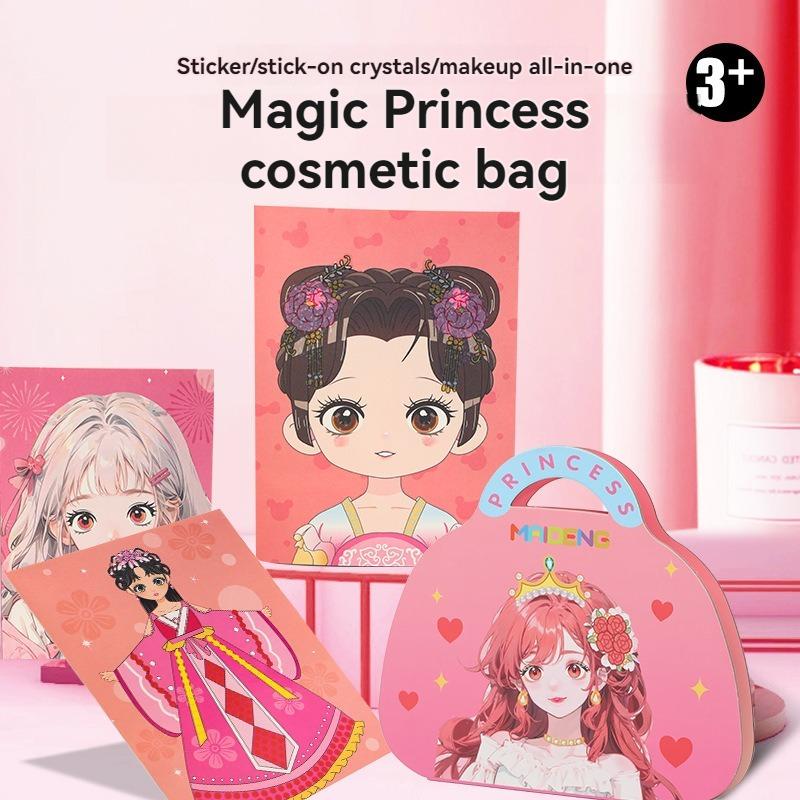 DIY Paper Art Craft Kits-3 in 1 Princess Makeup Kit with Diamond Painting Kits and Princess Dress Up Sticker Book Gifts for Girl