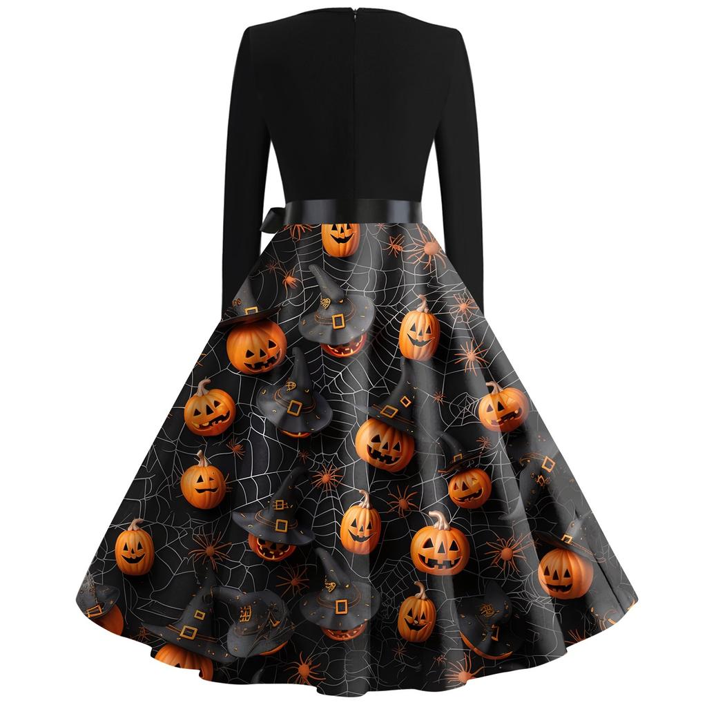 Dámské ležérní módní šaty s halloweenským potiskem a čtvercovým výstřihem ve vintage stylu