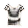 Color Block Striped Crew Neck Short Sleeve Knit T-Shirt Slim Fit Casual Top Women