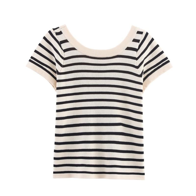 Color Block Striped Crew Neck Short Sleeve Knit T-Shirt Slim Fit Casual Top Women