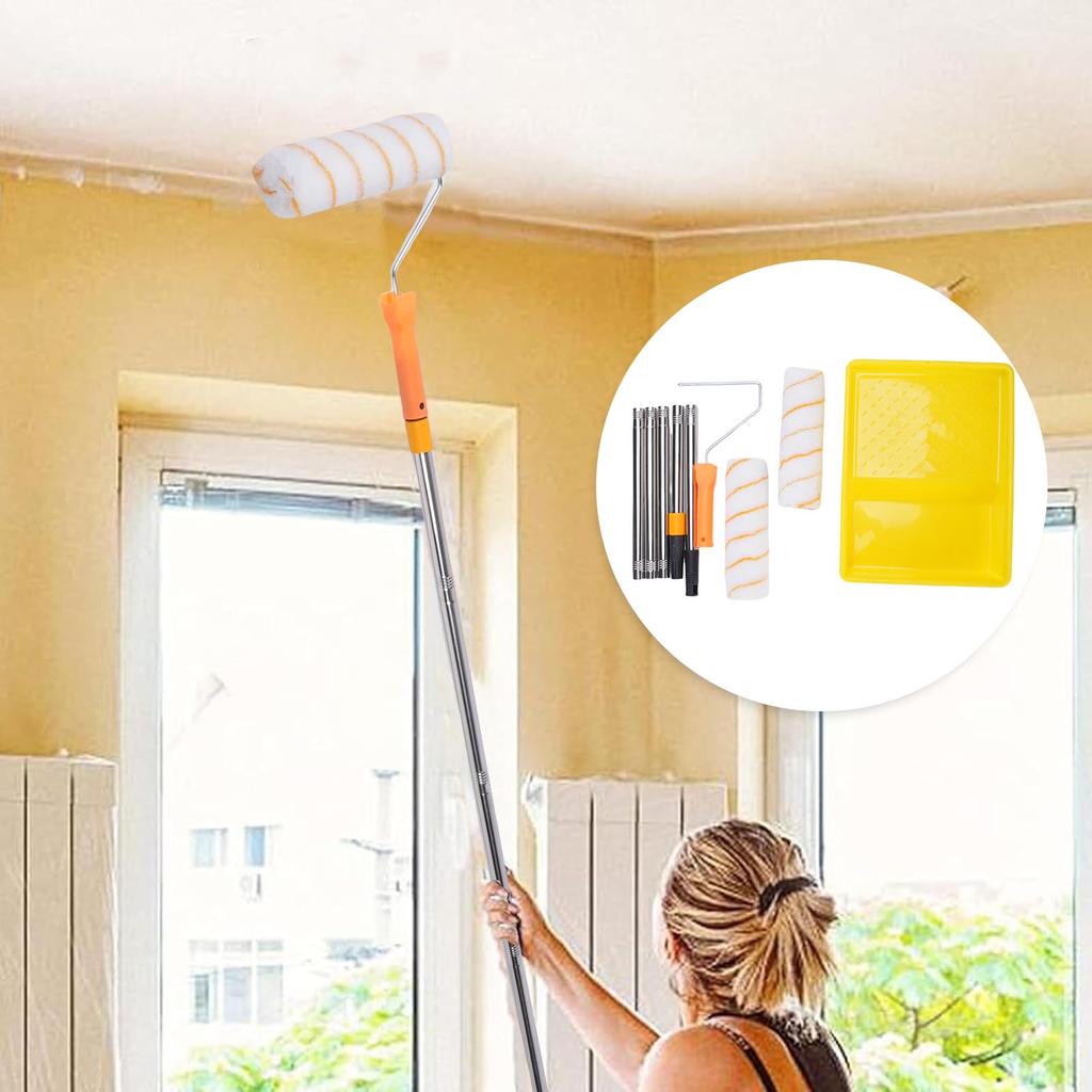 Paint Roller Kit Set Multi Function with 1.2m Stainless Steel Extended Detachable Pole Handle for Wall Ceiling