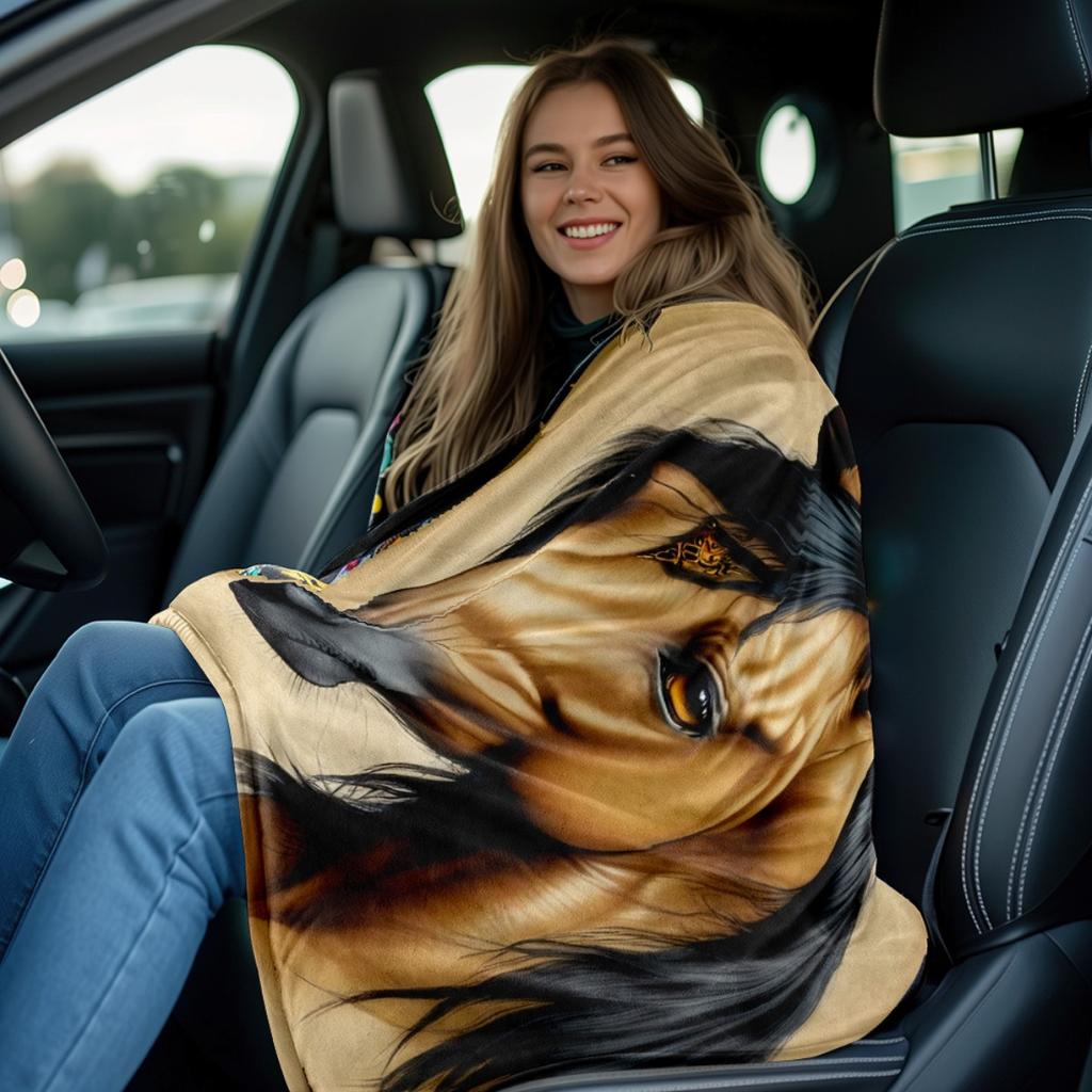 Custom 1Pc Horse Portrait On Beige Hd Printed Blanket. Soft And Warm Flannel Blanket For Travel, Camping, Sofa, Livingroom, Couc