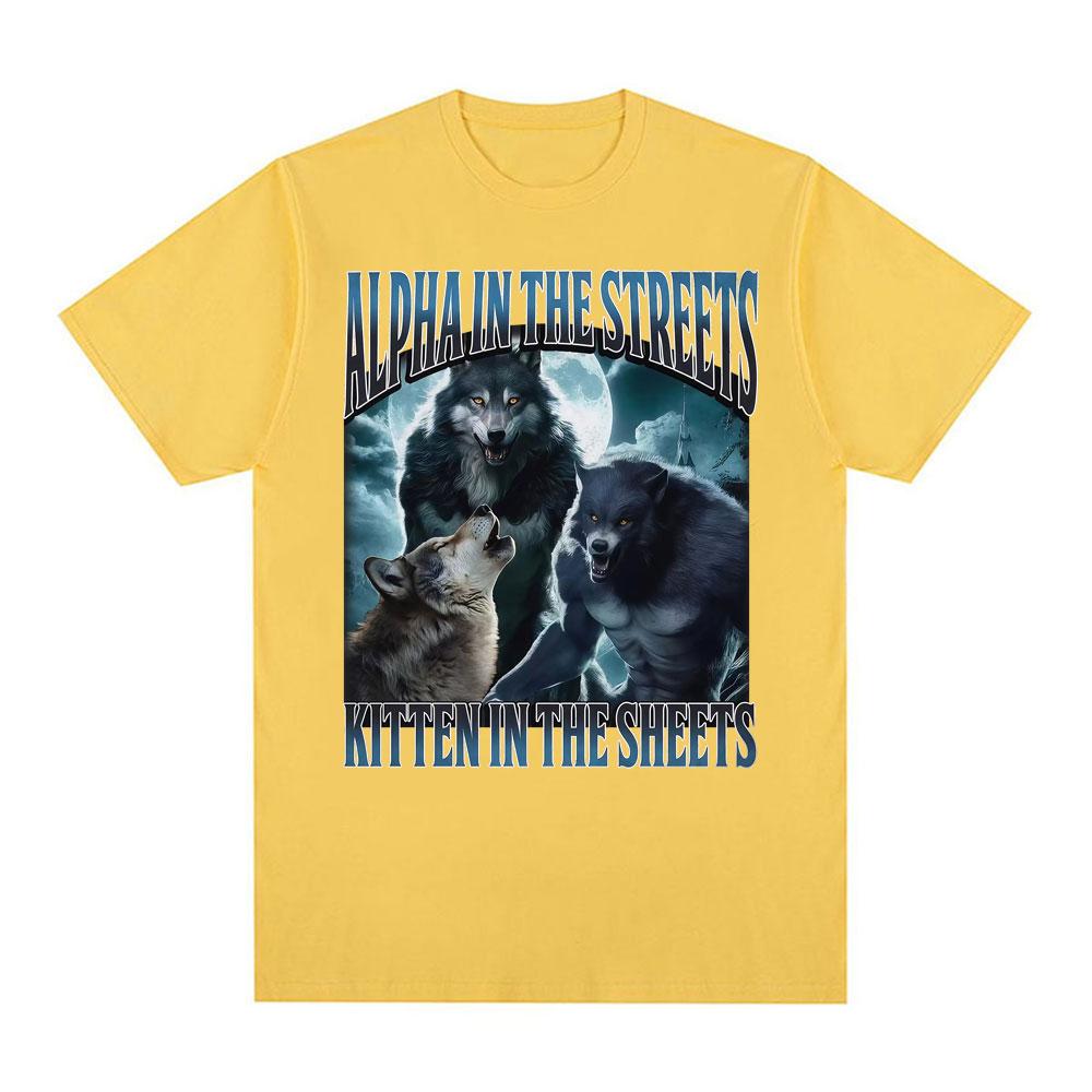 Alpha in den Straßen Kätzchen im Bett T-Shirt Lustige Werwolf Meme T-Shirts Unisex Damen Lässiger Komfort Baumwolle Übergroßes T-Shirt