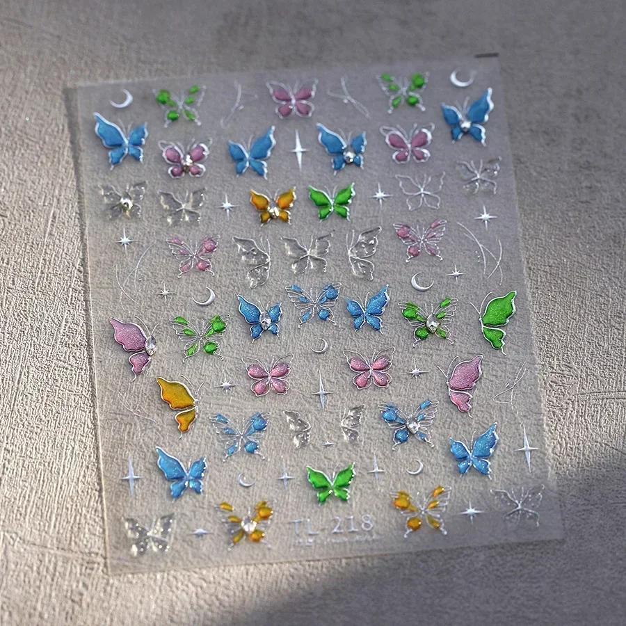 Gradient White Pink Butterfly Flower Shiny Stars Chic Spring Petal 5D Soft Adhesive Nail Art Stickers Decorations Manicure Decal