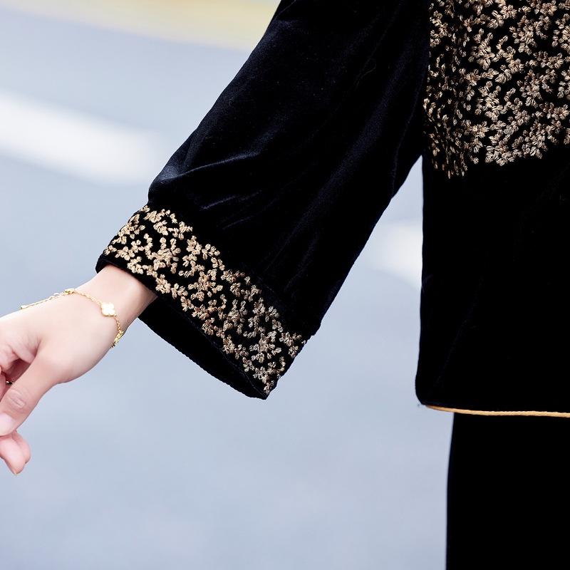 Spring Collection: Embroidered Velvet Two-Piece Suit for Mothers - Jacket & Elastic Waist Pants