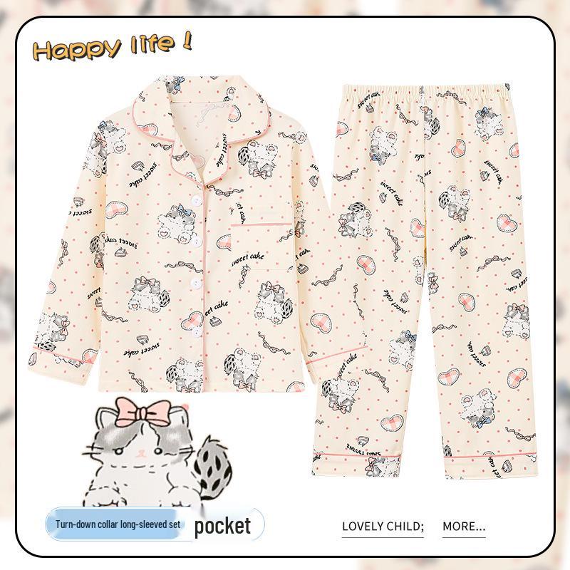Spring & Autumn Cotton-Feel Girls' Cardigan Pajama Set - Long Sleeve & Pants