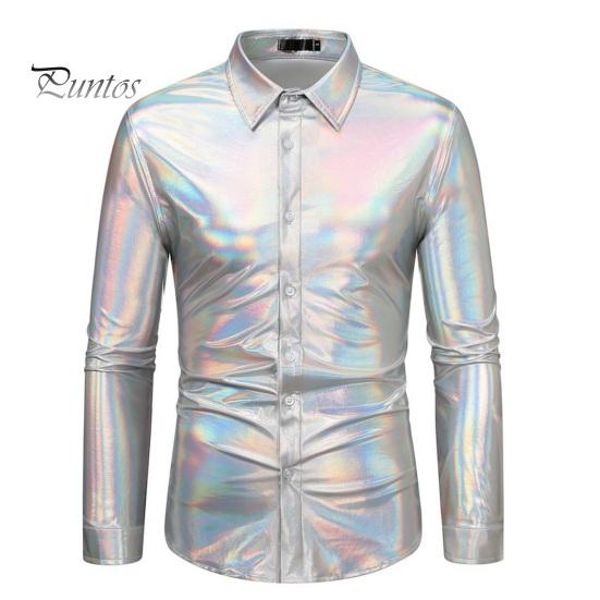 

Мужская рубашка в стиле диско, блестящая золотая блестка, металлическая классическая рубашка, рубашка с лацканами и длинными рукавами, вечерние рубашки на пуговицах, сцена L серебряный