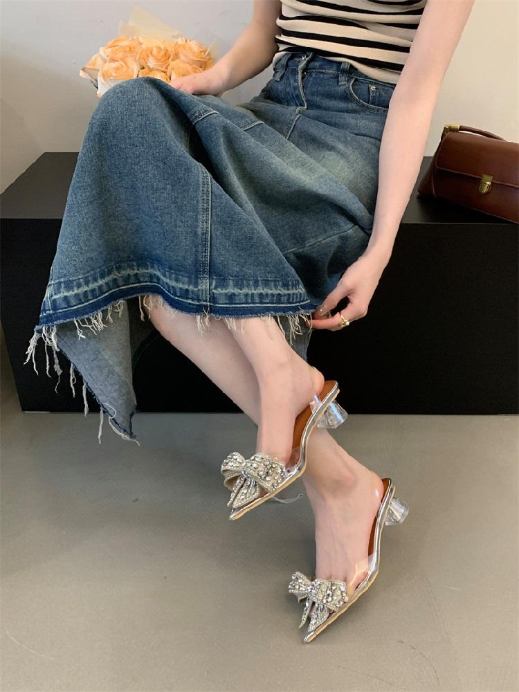 Fashion Eilyken Elegant PVC Transparent Sequined Bowknot Women Pumps Crystal Low High Heels Sandals Party Prom Shoes Zapatillas De Mujer