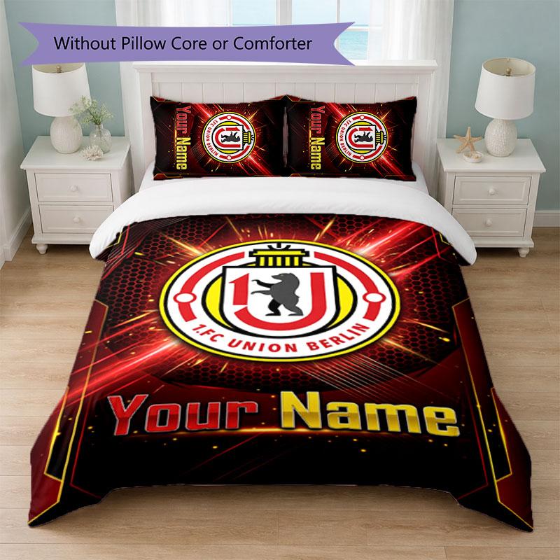 Union Berlin FC Benutzerdefinierter Name Text Bettwäsche-Set 1 Bettbezug+2 Kissenbezüge Fußball-Logo Personalisierte Geschenk für besonderen Anlass Schlafzimmer Dekor