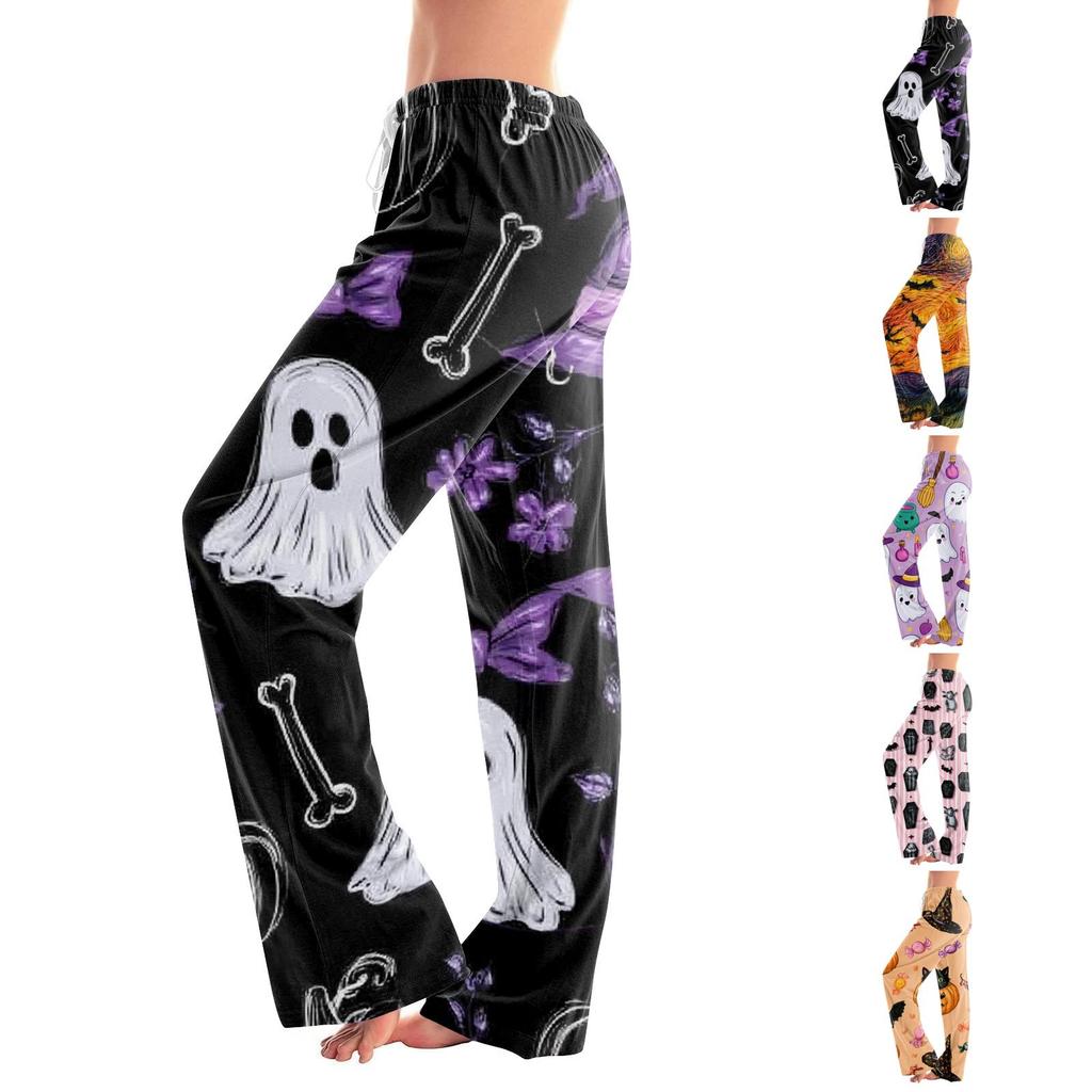 Women's Drawstring Halloween Print Pajama Pants for Sleep and