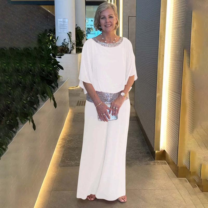 

Комплект жіночий з 2 предметів: футболка з круглим вирізом, кольоровими блоками та паєтками, з рукавами-кажанами; широкі штани. Повсякденна футболка, вільні штани, елегантний костюм для ділових зустрічей, мода весна/літо S білий