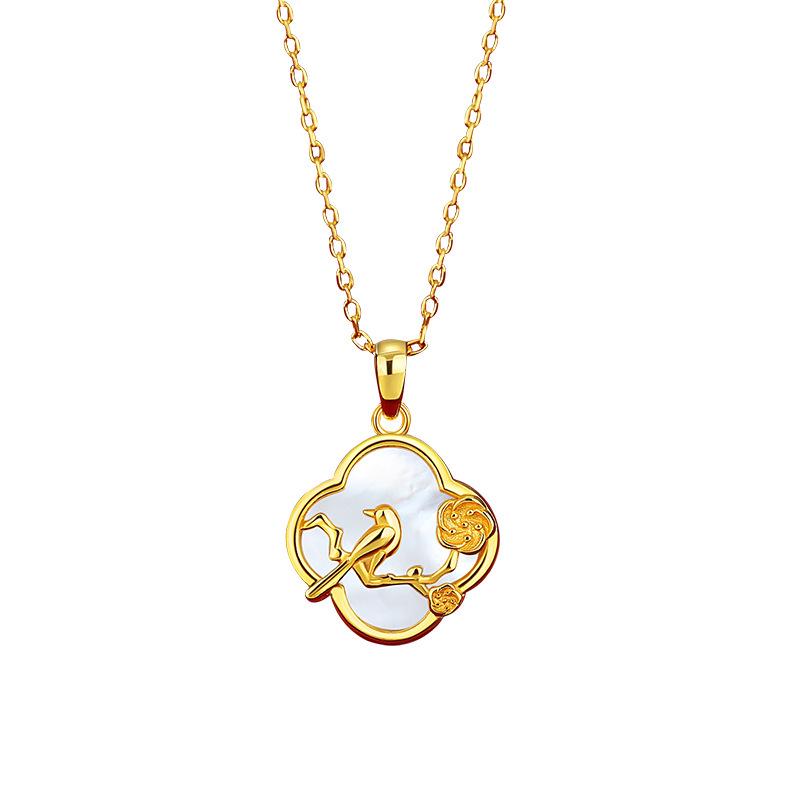 Ticia S925 Sterling Silver Joyful Eyebrows Necklace - Retro Chinese Style Shell Four-Leaf Clover Clavicle Chain for Women.