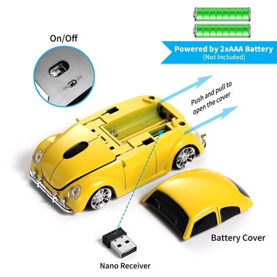 Cartoon Mini Car Wireless Mouse Ergonomics Cozy Grip 1000 DPI Plug-Play Mute Optical Mouse Battery Powered Laptop Tablet Mouse