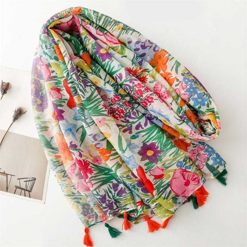 Fringed Women Lady Floral Scarf Soft Neck Scarf Stylish Shawl Wrap Elegant Floral Scarves Neckerchief