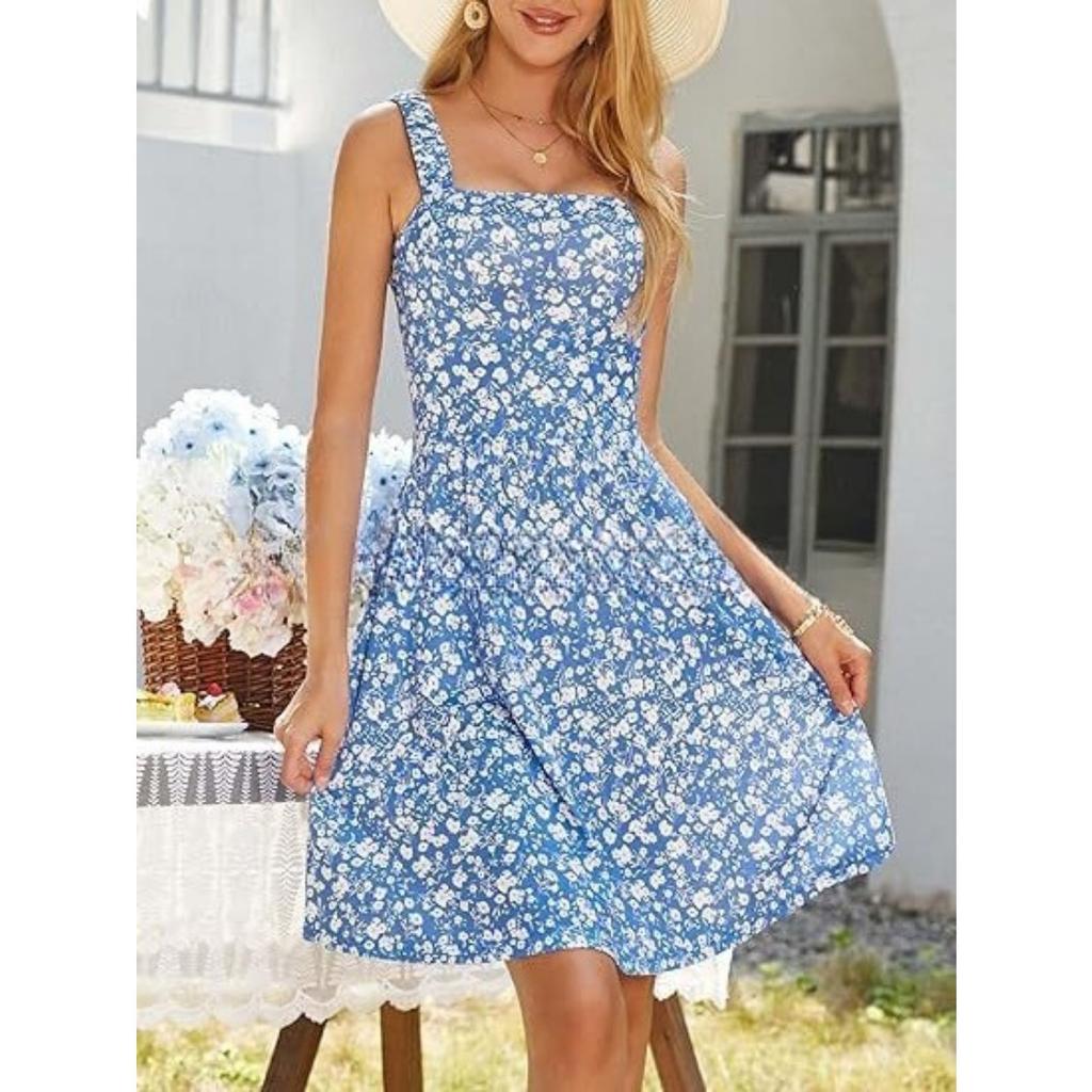 Women's Square Neck Sleeveless Floral Printed A Line Dress Mid Waist Sweet Style Summer Casual Sundress