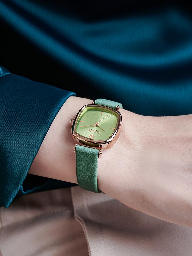 Women'S Watch, Simple Design, Korean Style, Leather, Versatile And Elegant, Square Small Green Quartz Watch, Watch Accessory.