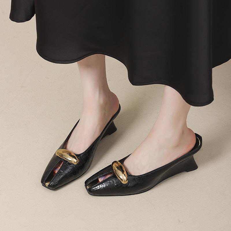 French Wedge Heel Bag Head Cool Slippers Women's Summer Wear Metal Super Versatile Fashion High Heel Muller Half Drag