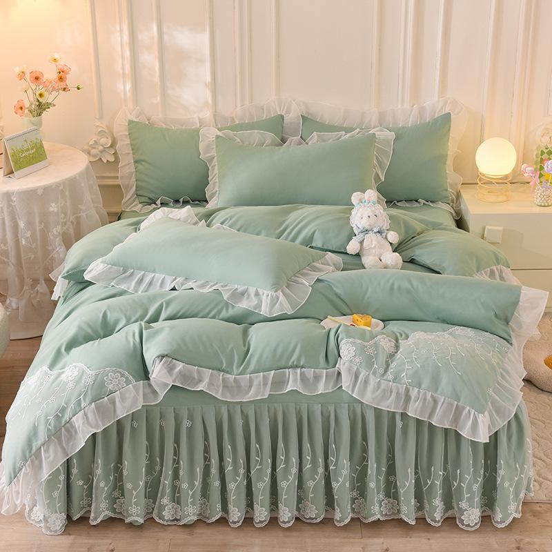 Princess Wind Washed Cotton Four-piece Chiffon Lace Quilt Cover Bed Skirt Bedding
