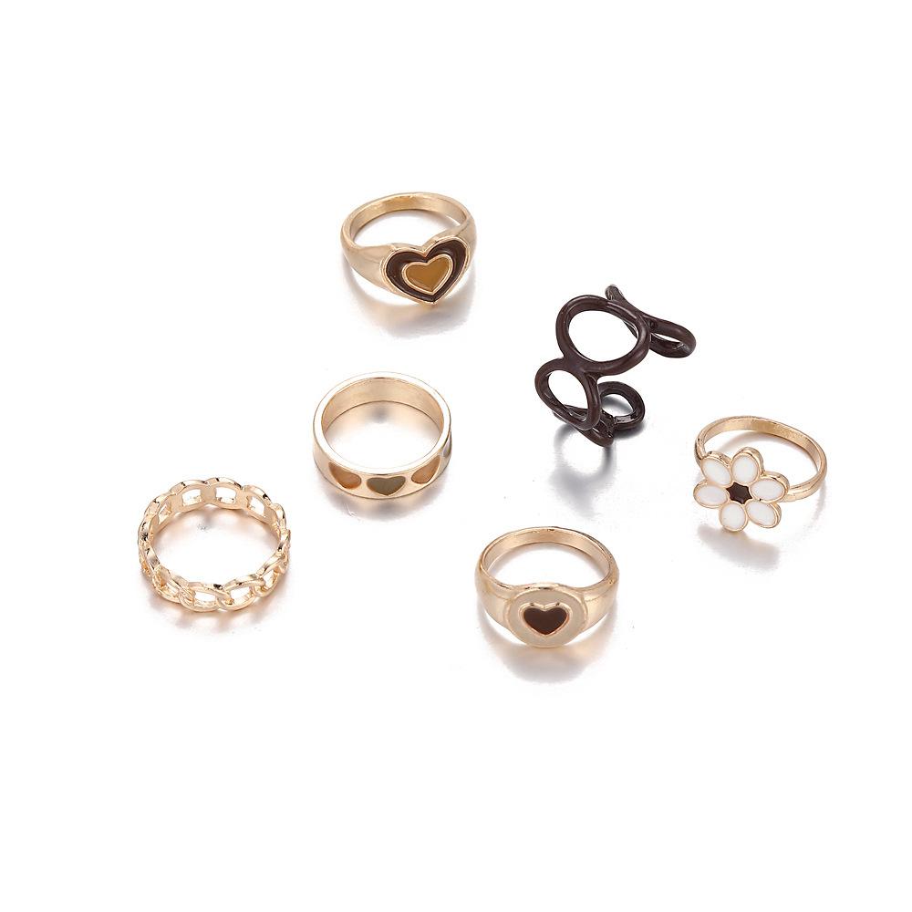 Ring, Fashionable Brown Love Drip Ring Six-Piece Set, Geometric Flower Ring Combination Set