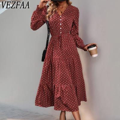 Women's Fashion Spring Fall Geometric Print Long Sleeve V-Neck High Waist Casual Dresses
