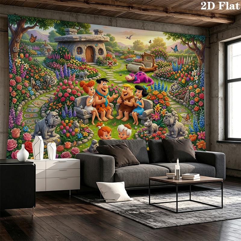 The Flintstones Cartoon Wall Tapestry Aesthetic Wall Hanging Printed Fabric Blanket Decorative Tapestries for Bedroom Living Room Home Decor